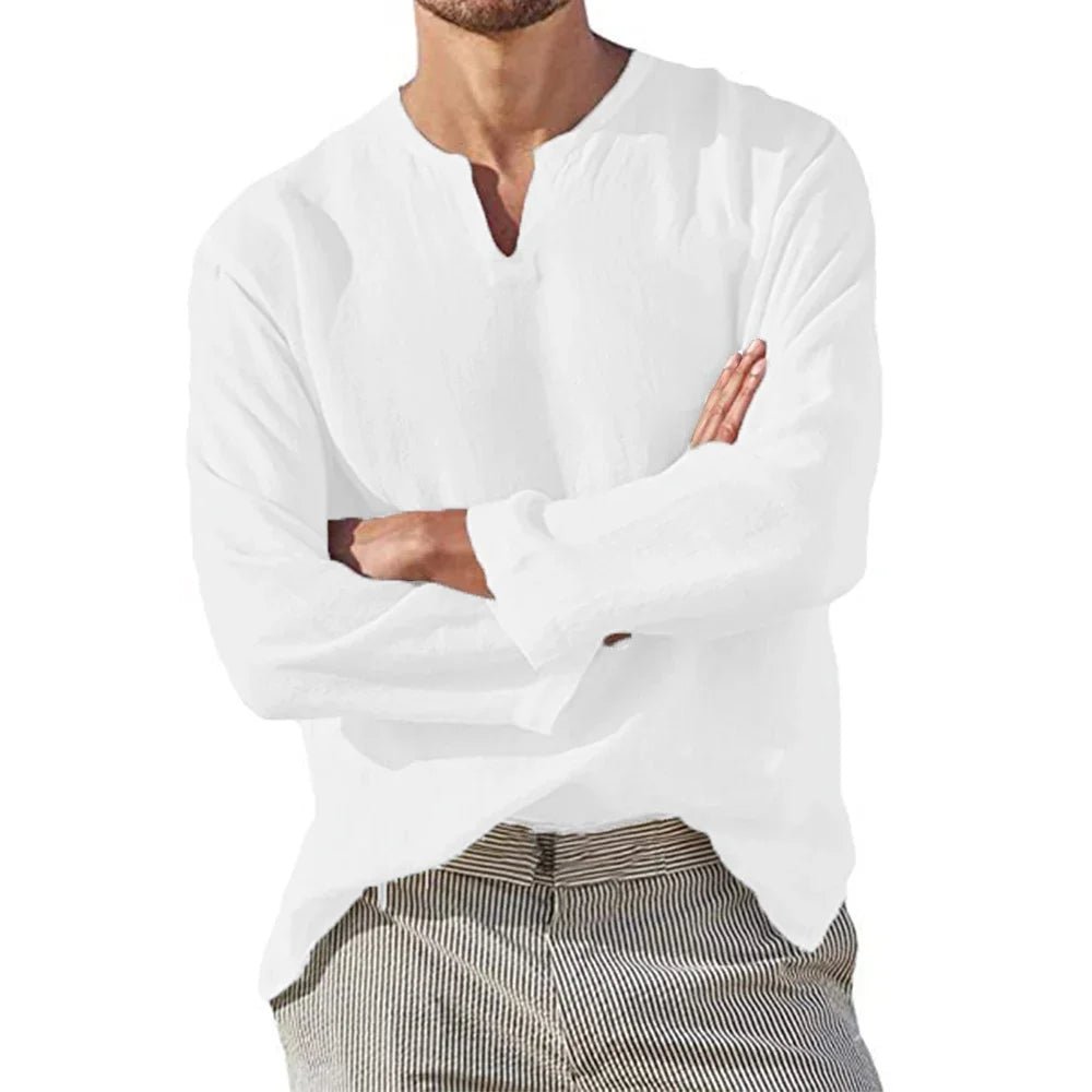 Shirt – Mens – All Season – Men's Cotton Linen Long Sleeve V Neck Casual Blouse – Montford Co - Montford & Co