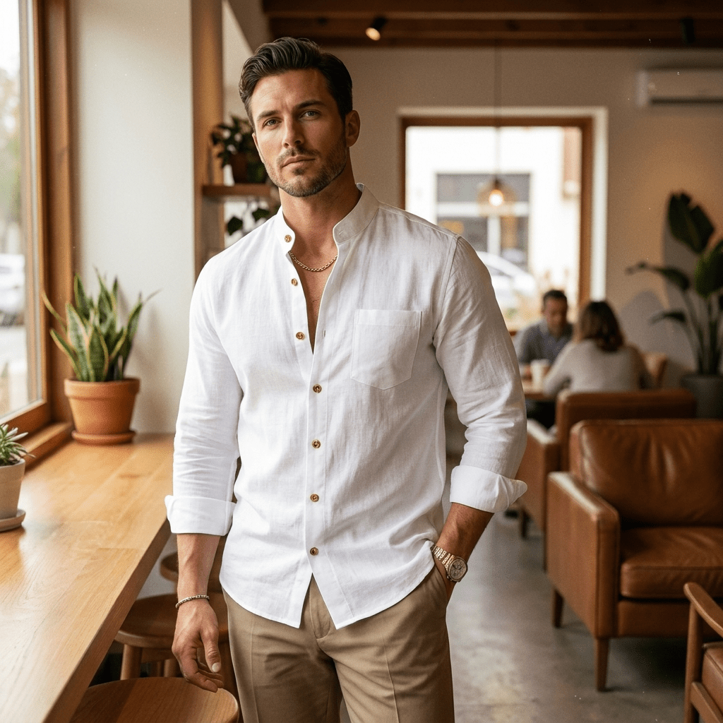 Shirt – Mens – Spring &amp; Autumn – Men's Cotton And Linen Pocket Retro Stand - Up Collar Long - Sleeved Shirt – Montford Co - Montford & Co