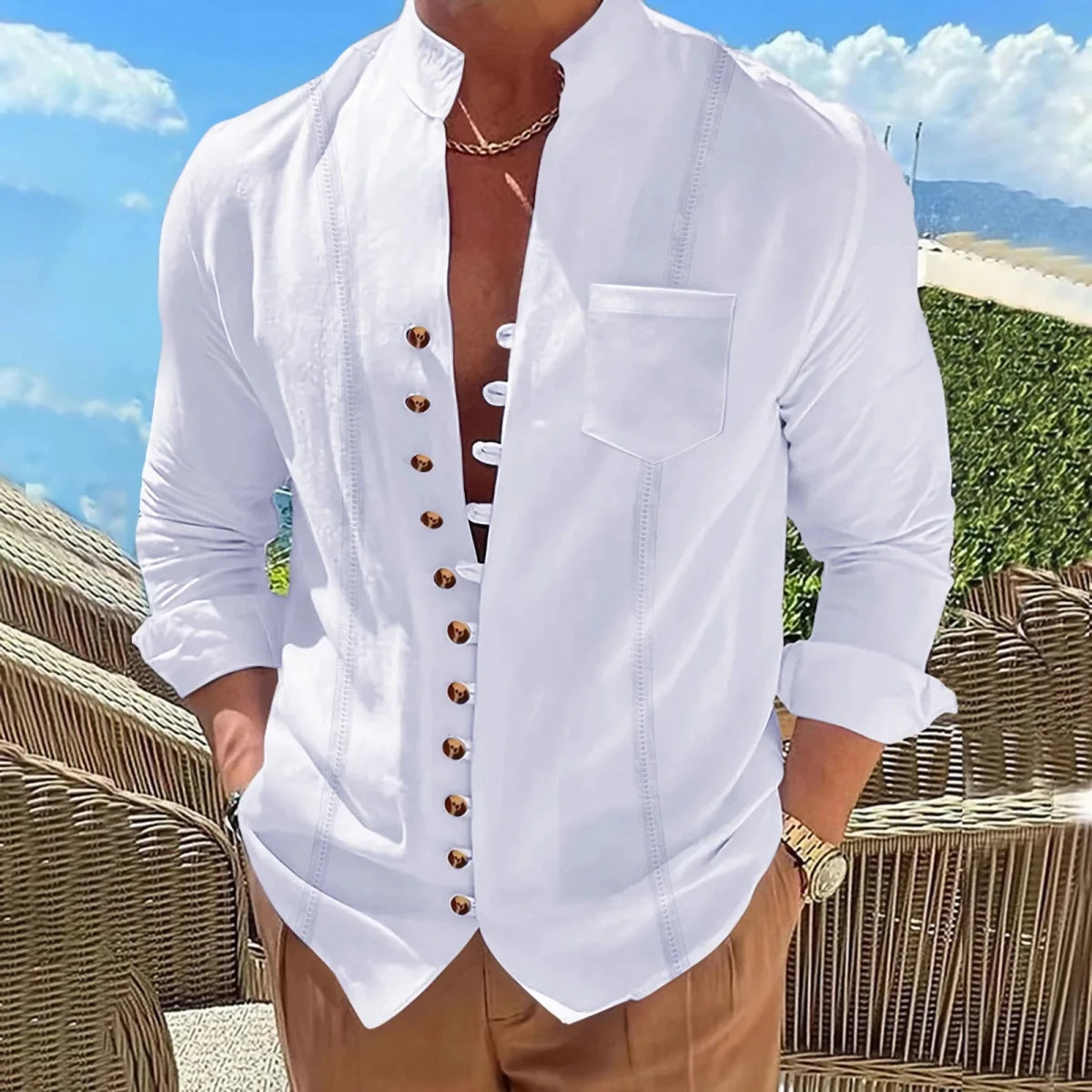 Shirt – Mens – Spring &amp; Autumn – Men's Cotton And Linen Pocket Retro Stand - Up Collar Long - Sleeved Shirt – Montford Co - Montford & Co