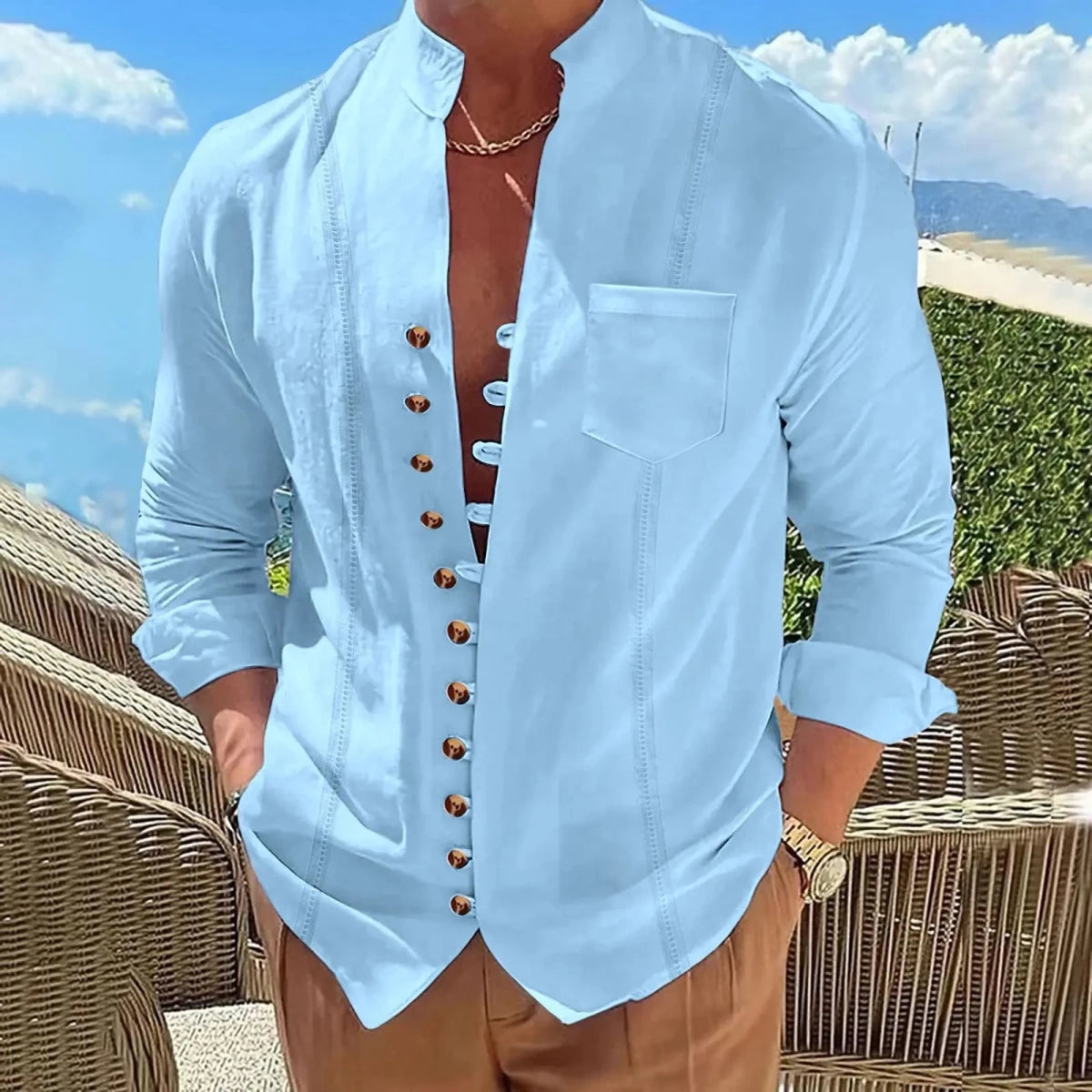 Shirt – Mens – Spring &amp; Autumn – Men's Cotton And Linen Pocket Retro Stand - Up Collar Long - Sleeved Shirt – Montford Co - Montford & Co