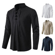 Shirt – Mens – Spring & Autumn – Men's Casual Linen Long Sleeve V - Neck with Drawstring – Montford Co - Montford & Co