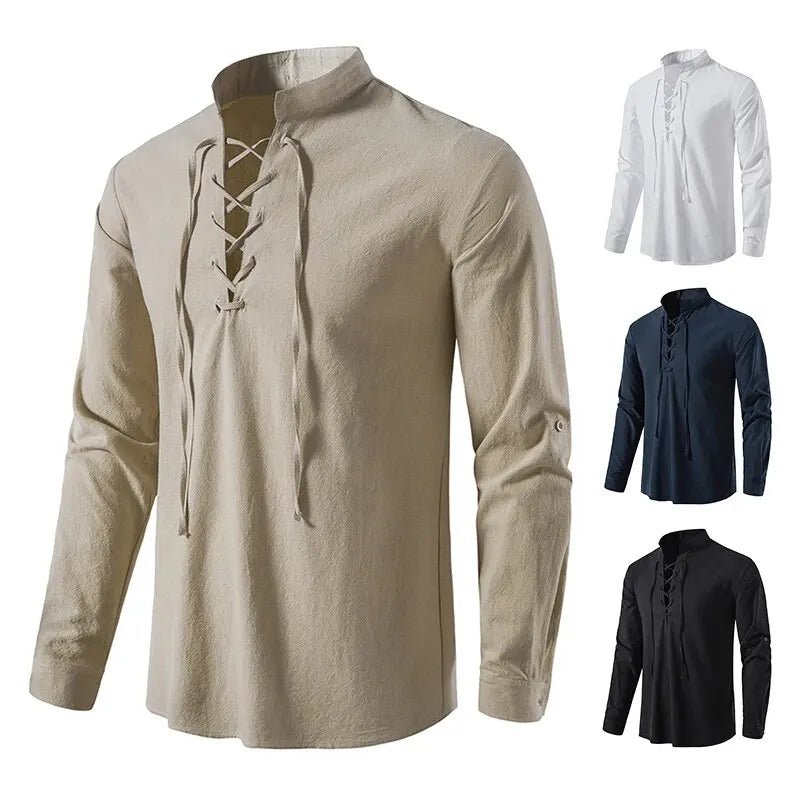 Shirt – Mens – Spring & Autumn – Men's Casual Linen Long Sleeve V - Neck with Drawstring – Montford Co - Montford & Co
