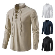 Shirt – Mens – Spring & Autumn – Men's Casual Linen Long Sleeve V - Neck with Drawstring – Montford Co - Montford & Co