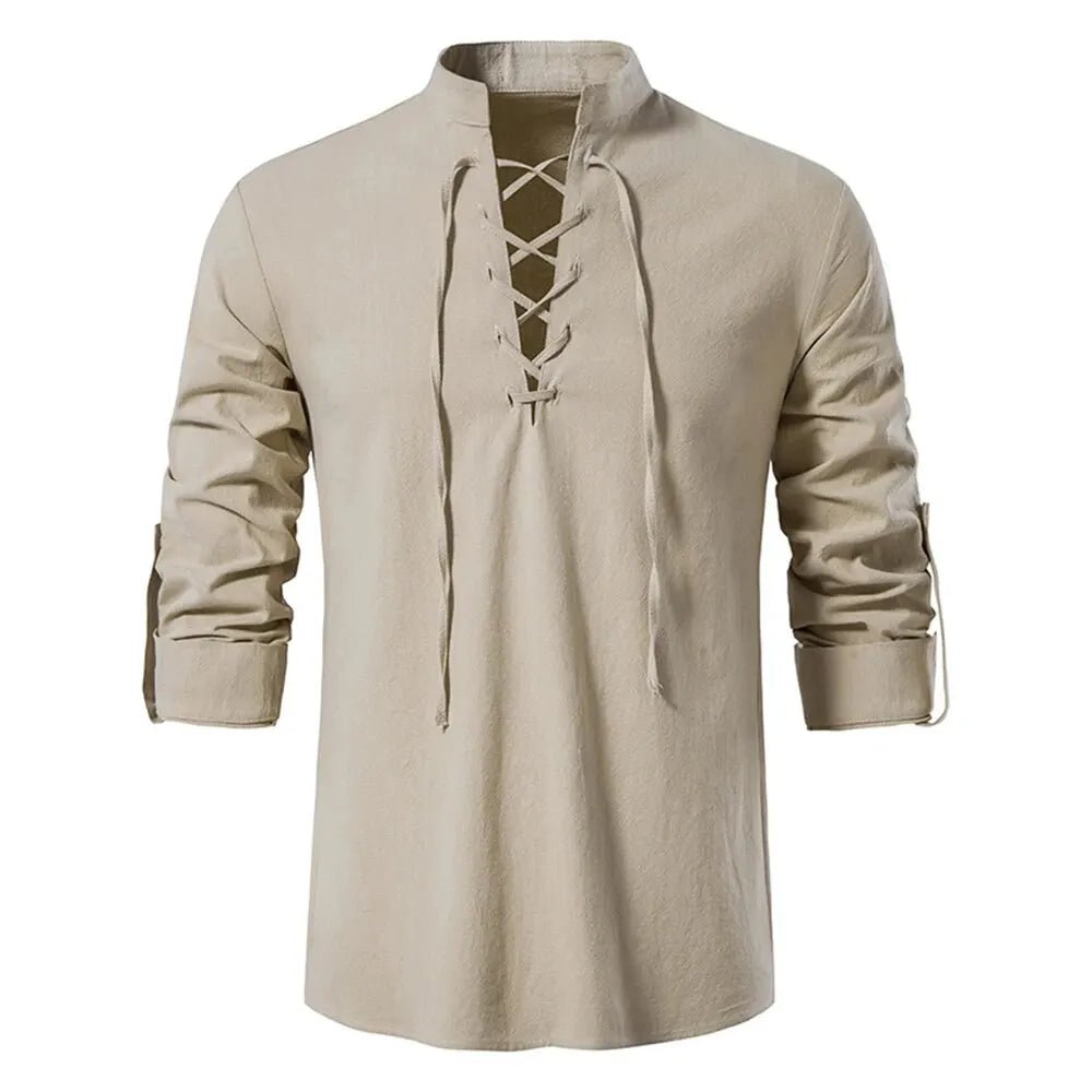 Shirt – Mens – Spring & Autumn – Men's Casual Linen Long Sleeve V - Neck with Drawstring – Montford Co - Montford & Co