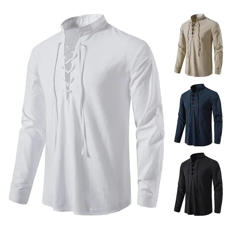 Shirt – Mens – Spring & Autumn – Men's Casual Linen Long Sleeve V - Neck with Drawstring – Montford Co - Montford & Co