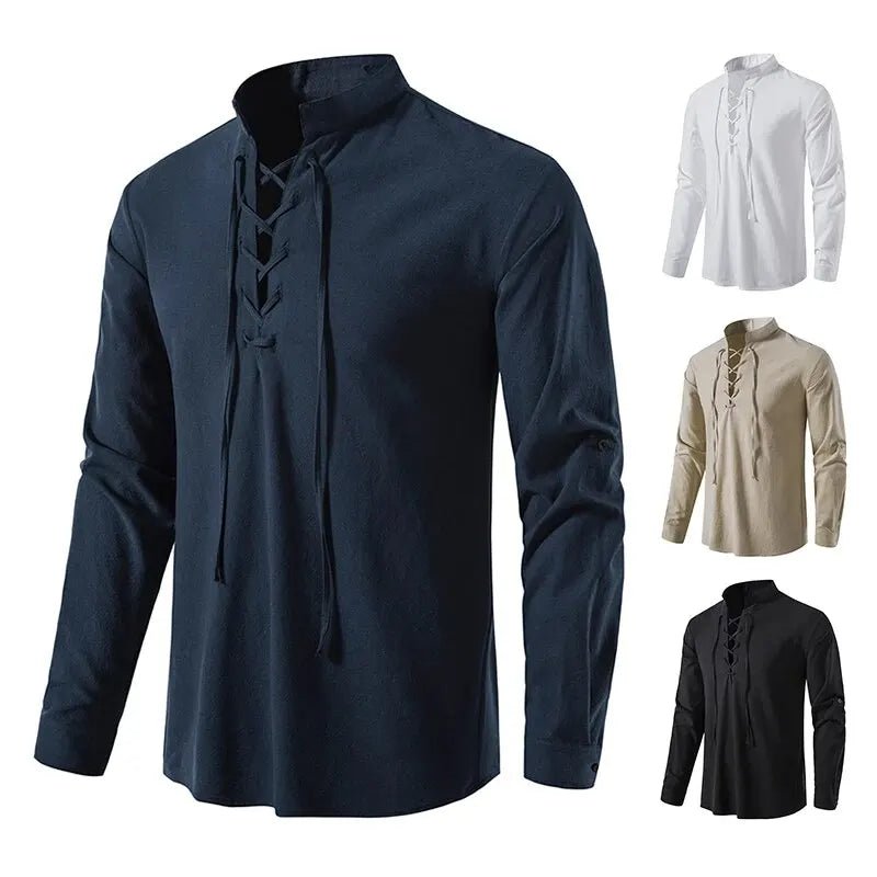 Shirt – Mens – Spring & Autumn – Men's Casual Linen Long Sleeve V - Neck with Drawstring – Montford Co - Montford & Co