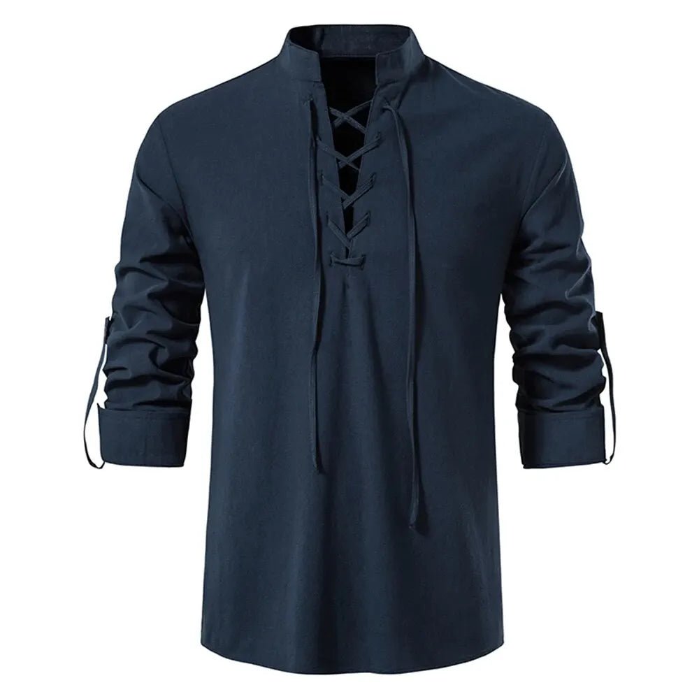 Shirt – Mens – Spring & Autumn – Men's Casual Linen Long Sleeve V - Neck with Drawstring – Montford Co - Montford & Co