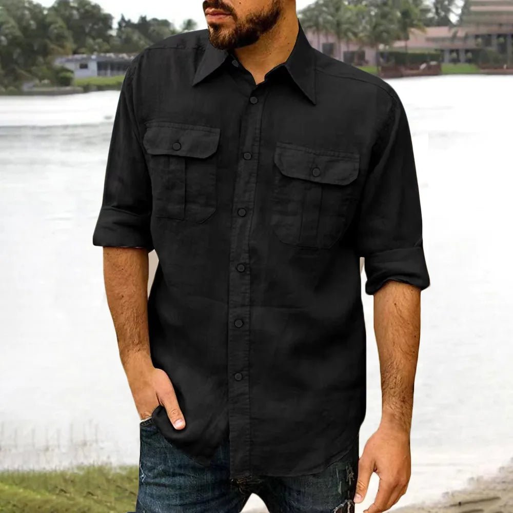 Shirts – Mens – All Season – Cotton Linen Long Sleeve Solid Color Casual Top – Montford Co - Montford & Co