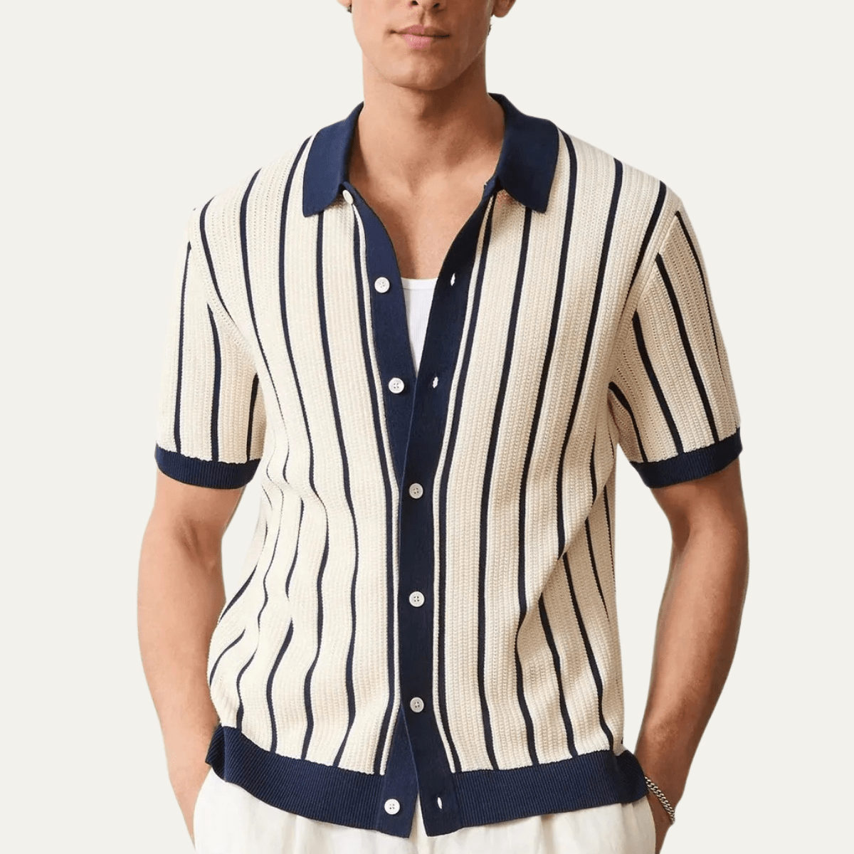 Striped Knit Button - Up Cardigan Polo Shirt - Montford & Co