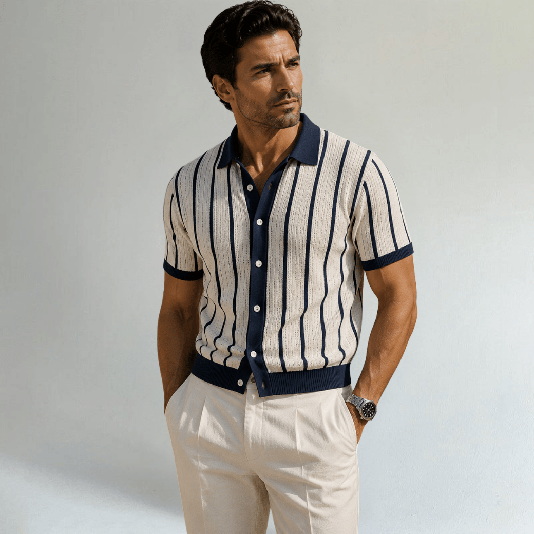 Striped Knit Button - Up Cardigan Polo Shirt - Montford & Co
