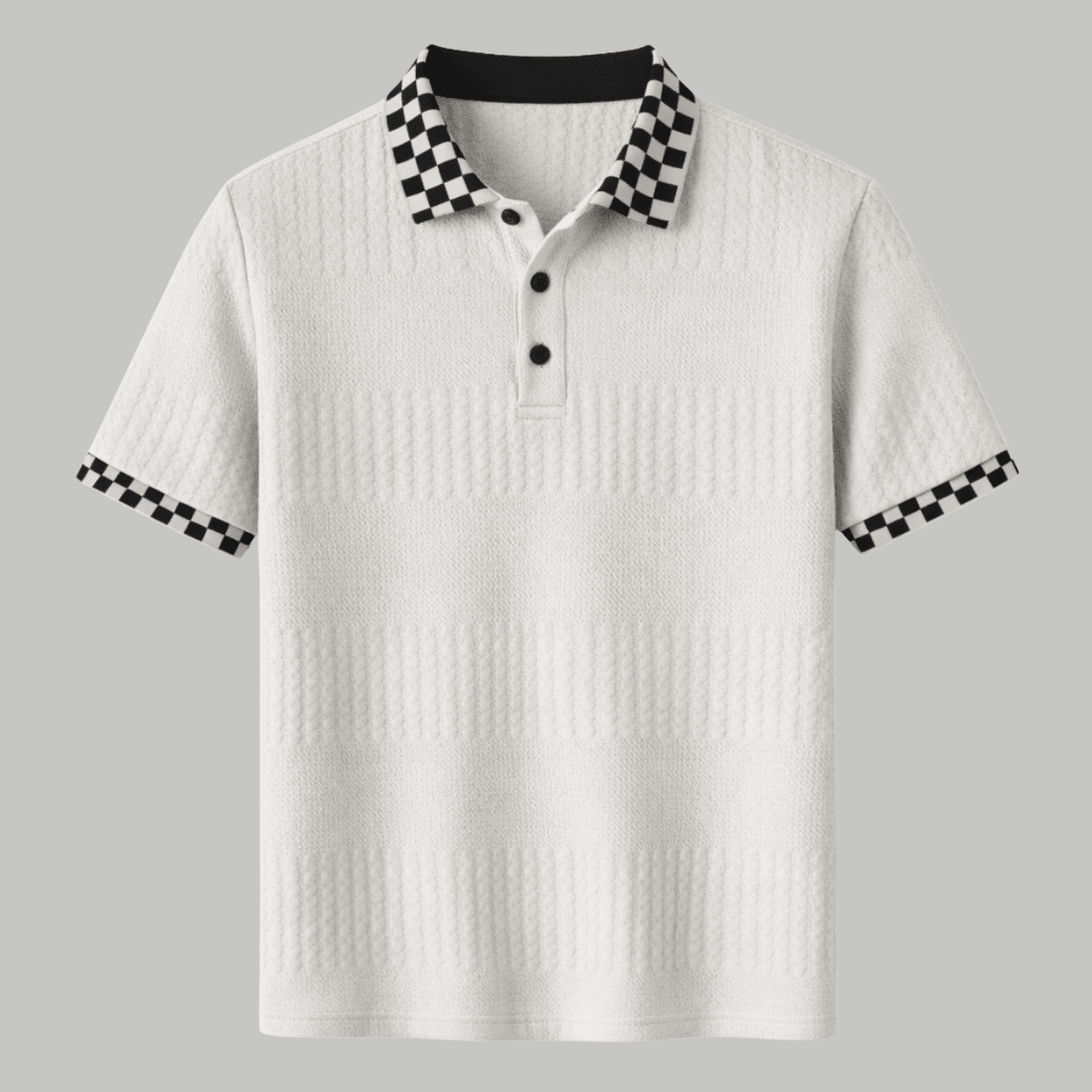 Textured Knit Polo Shirt with Checkered Collar - Montford & Co
