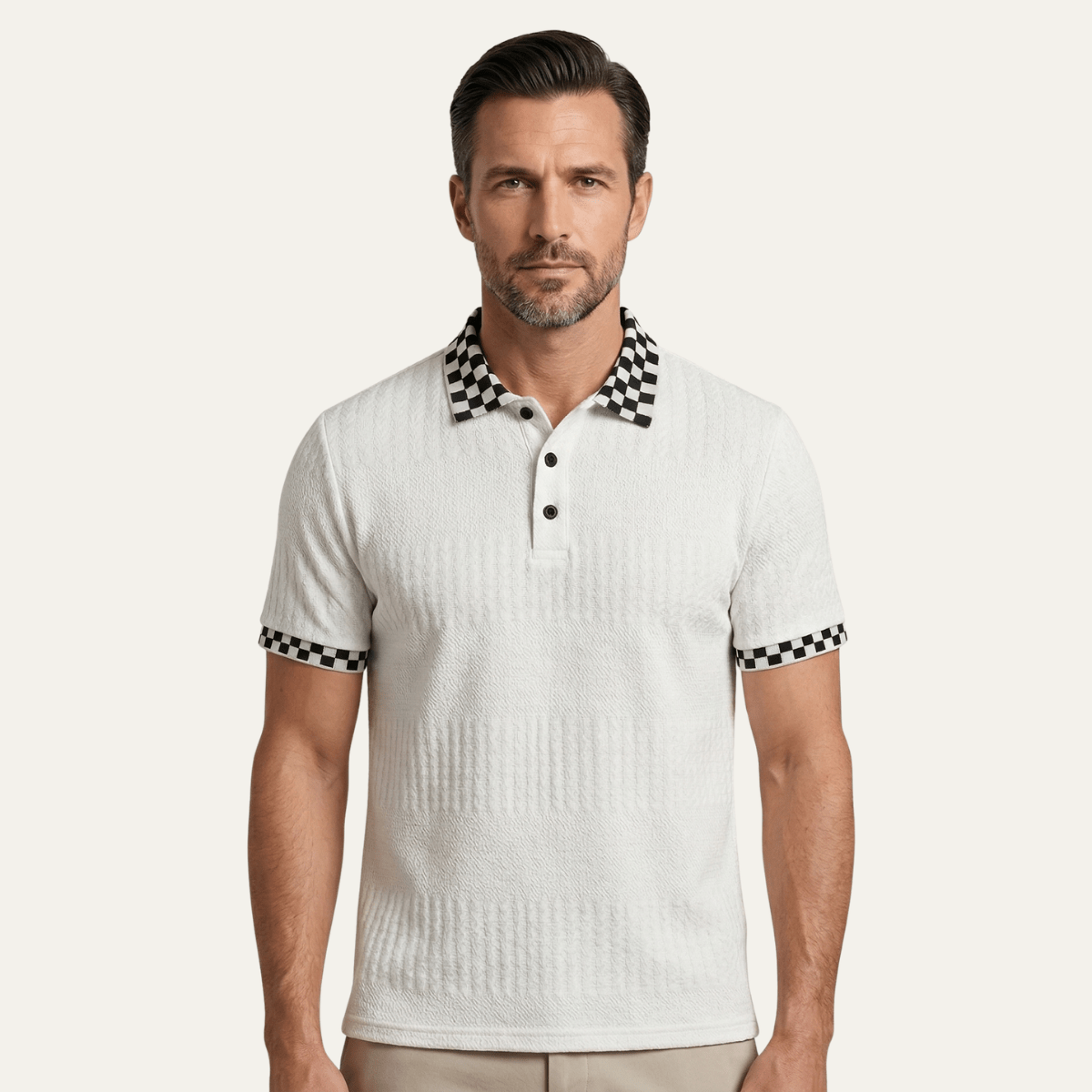 Textured Knit Polo Shirt with Checkered Collar - Montford & Co