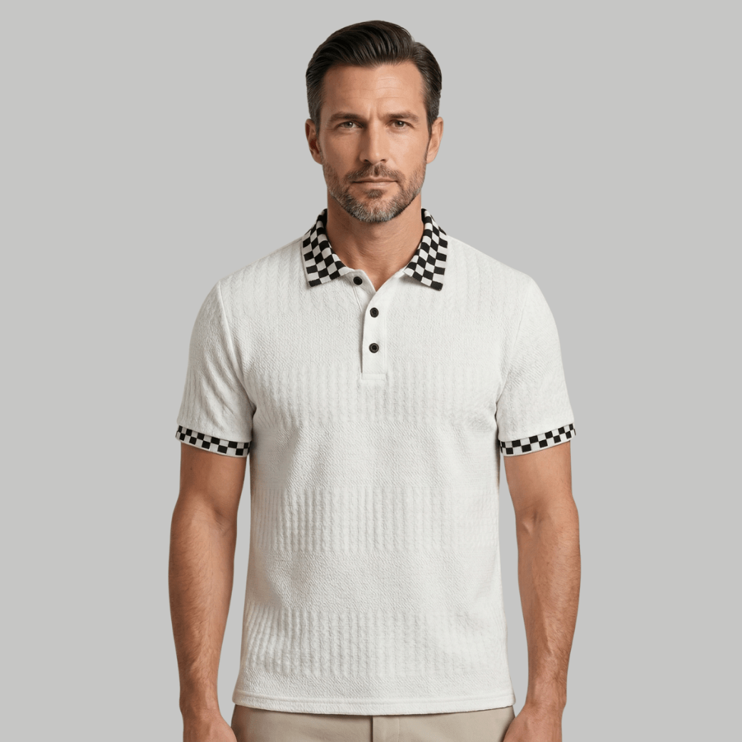 Textured Knit Polo Shirt with Checkered Collar - Montford & Co