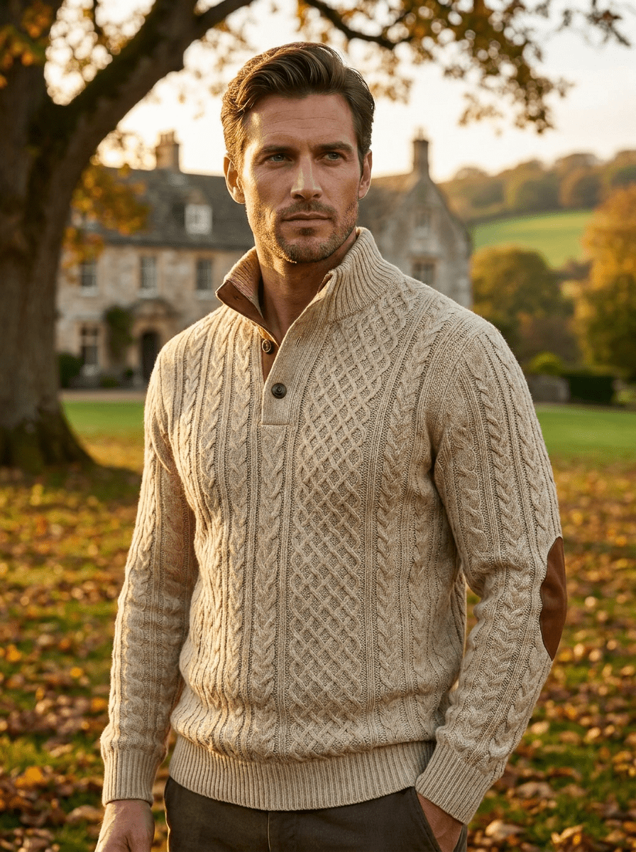 Top – Mens – Autumn & Winter – Heren Luxe Trui met Kabelpatroon en Elleboogstukken – Montford Co - Montford & Co