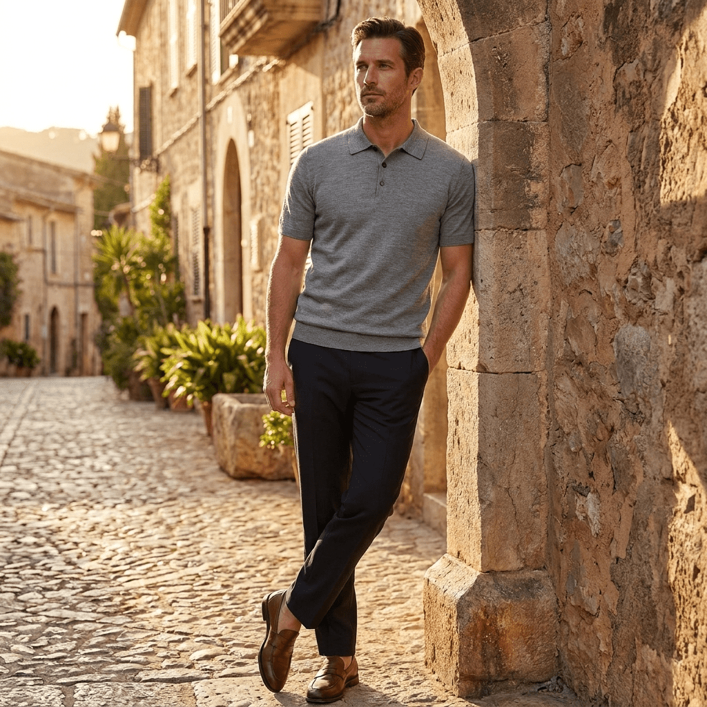 Top – Mens – Spring &amp; Summer – 100% Merino Wool Short Sleeve Polo Sweater – Montford Co - Montford & Co
