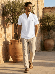 Top – Mens – Spring &amp; Summer – Men's Cotton Linen Short - Sleeve Shirt with Stand Collar – Montford Co - Montford & Co