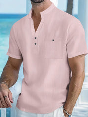 Top – Mens – Spring &amp; Summer – Men's Cotton Linen Short - Sleeve Shirt with Stand Collar – Montford Co - Montford & Co