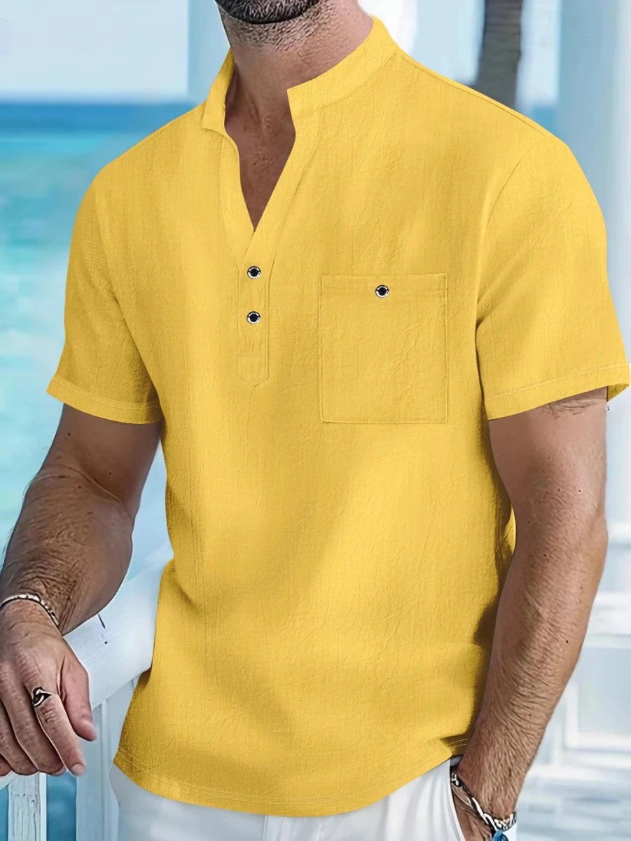 Top – Mens – Spring &amp; Summer – Men's Cotton Linen Short - Sleeve Shirt with Stand Collar – Montford Co - Montford & Co