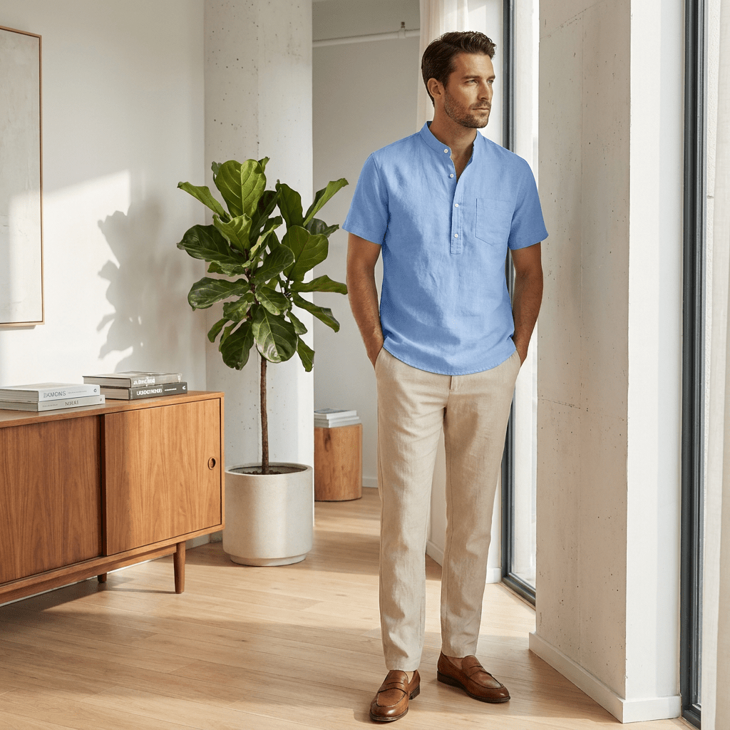 Top – Mens – Spring & Summer – Short Sleeve Solid Color Stand Up Collar Shirt – Montford Co - Montford & Co