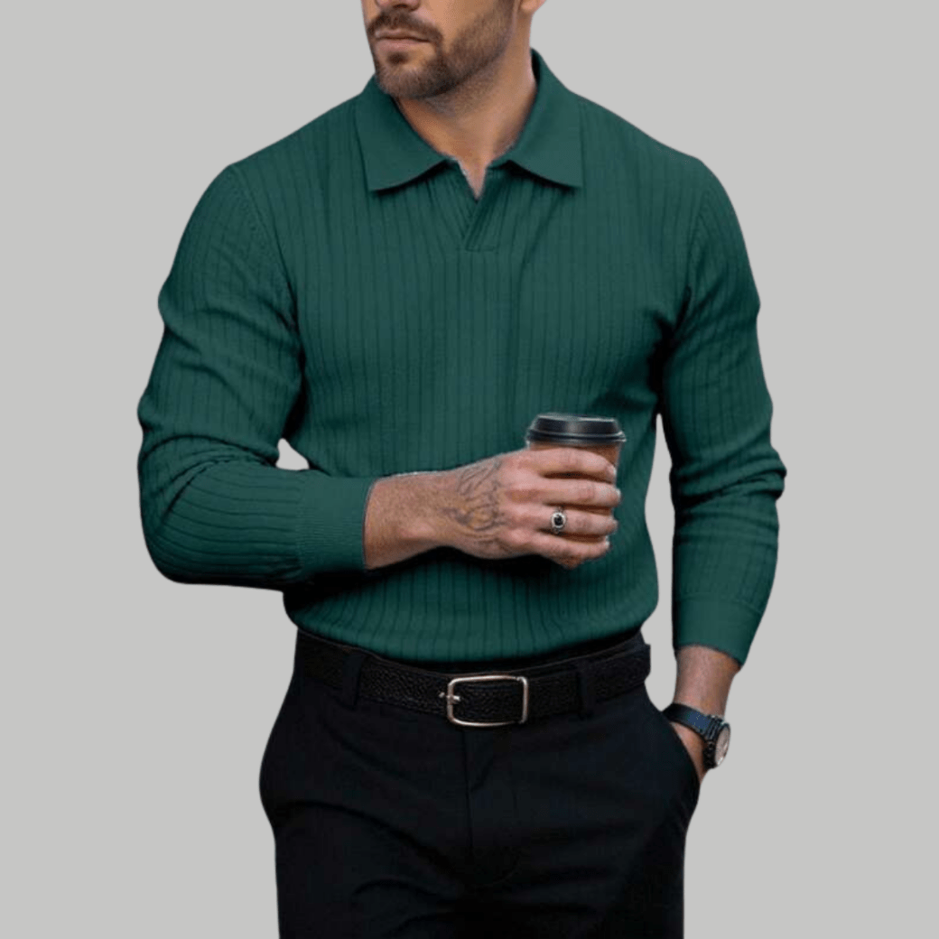 Trendy Long Sleeve Ribbed Knit Polo Shirt - Montford & Co