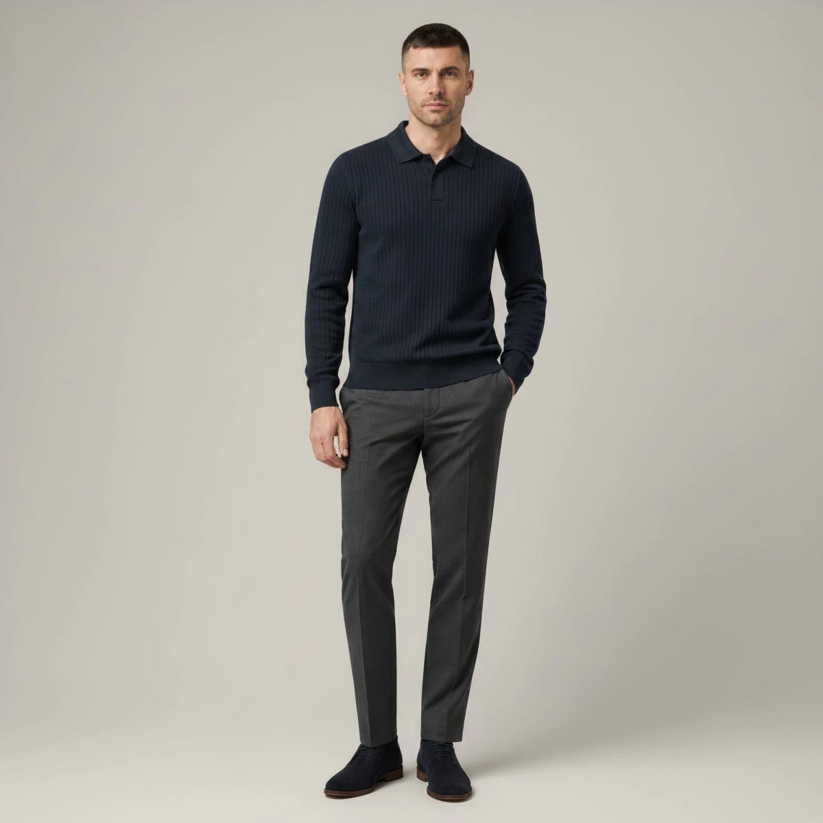 Trendy Long Sleeve Ribbed Knit Polo Shirt - Montford & Co