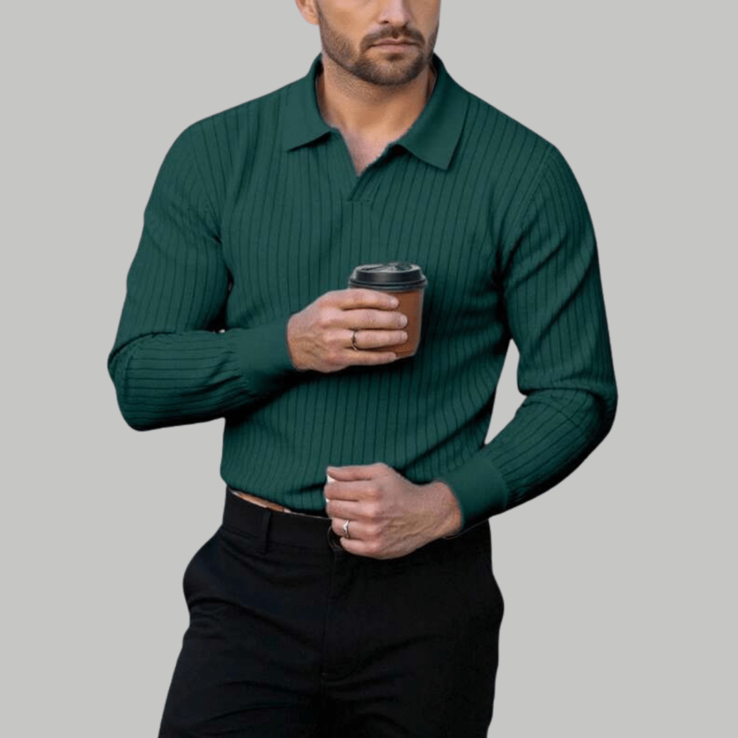 Trendy Long Sleeve Ribbed Knit Polo Shirt - Montford & Co