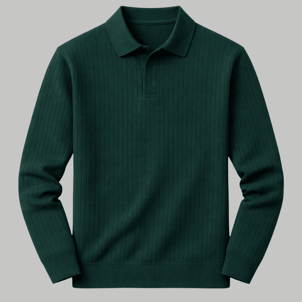 Trendy Long Sleeve Ribbed Knit Polo Shirt - Montford & Co