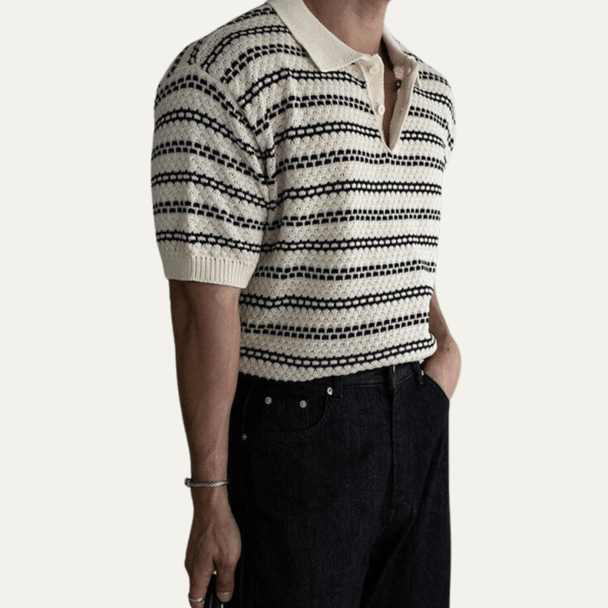 Turn Down Collar Striped Knit Polo Shirt - Montford & Co