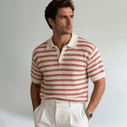 Turn Down Collar Striped Knit Polo Shirt - Montford & Co