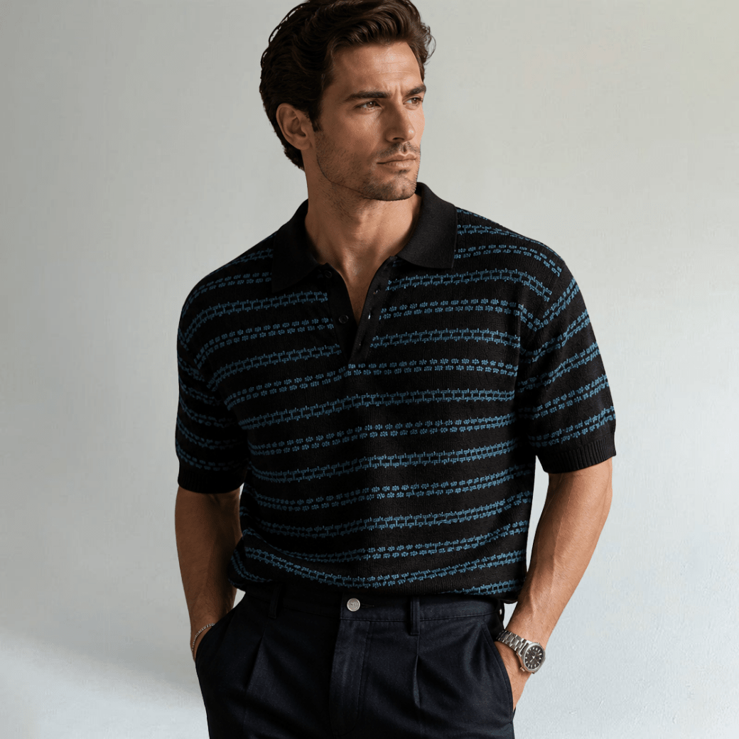 Turn Down Collar Striped Knit Polo Shirt - Montford & Co