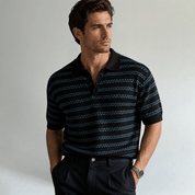 Turn Down Collar Striped Knit Polo Shirt - Montford & Co