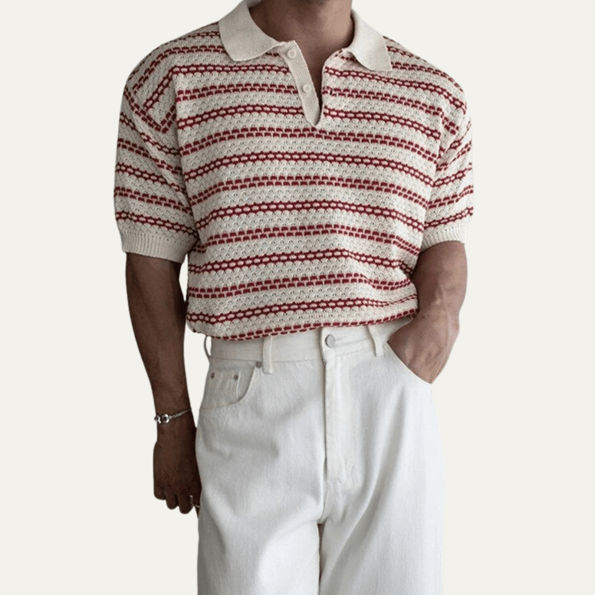 Turn Down Collar Striped Knit Polo Shirt - Montford & Co