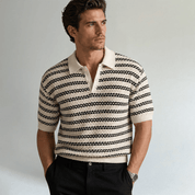 Turn Down Collar Striped Knit Polo Shirt - Montford & Co