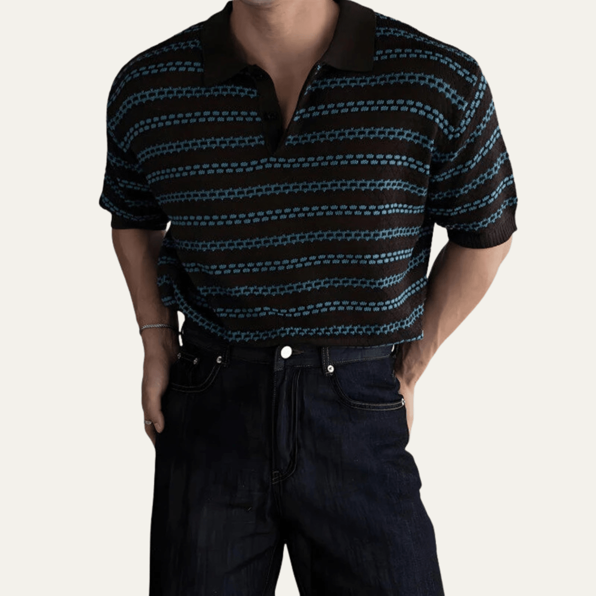 Turn Down Collar Striped Knit Polo Shirt - Montford & Co