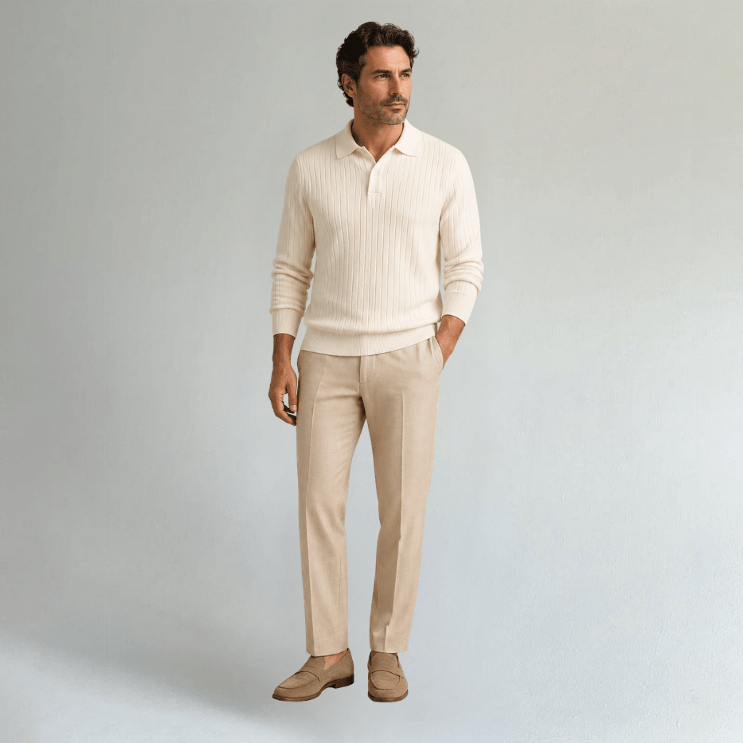 V Neck Jacquard Knit Polo Shirt - Montford & Co