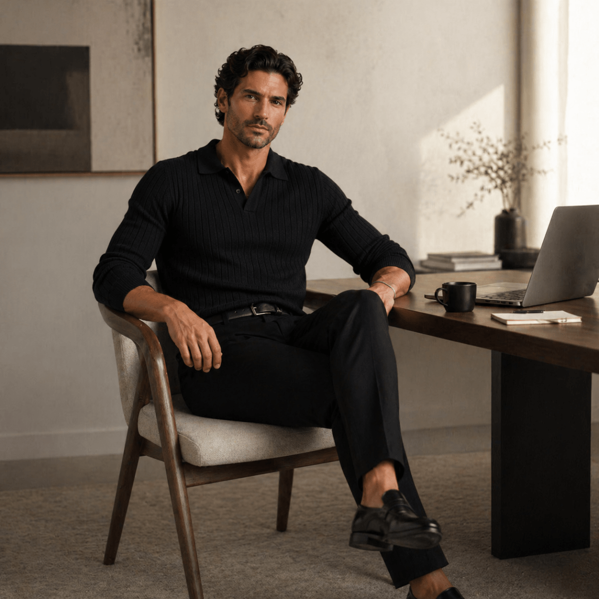V Neck Jacquard Knit Polo Shirt - Montford & Co