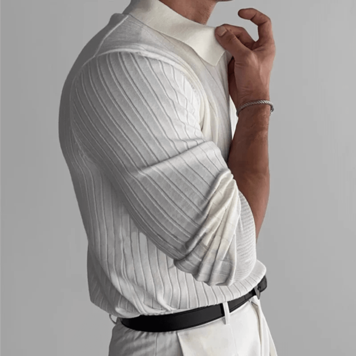 V Neck Jacquard Knit Polo Shirt - Montford & Co