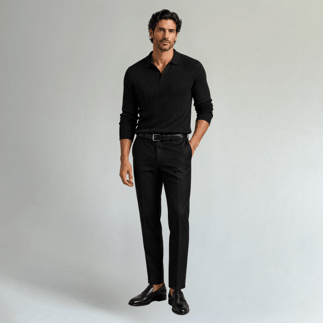 V Neck Jacquard Knit Polo Shirt - Montford & Co